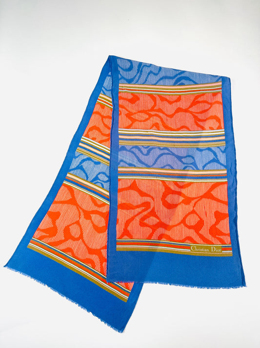 Silk Scarf Christian Dior in Blue and Orange Abstract Vintage Authentic