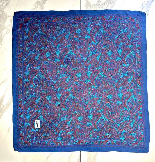 Yves Saint Laurent Silk Crepe Scarf in Blue with Vintage Paisley Pattern