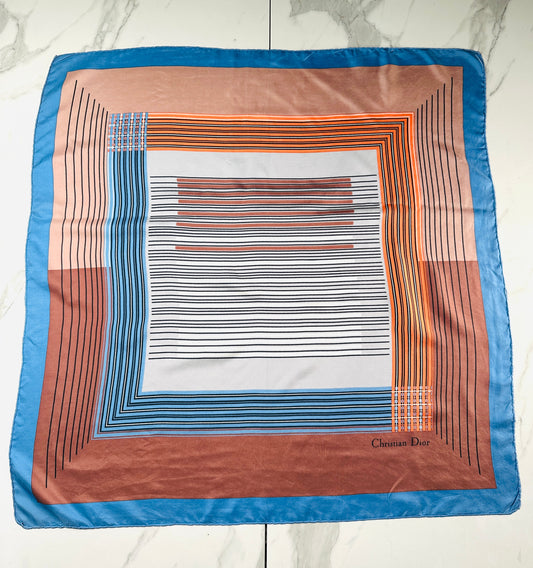 Foulard Dior Vintage Authentique en Soie à Motif Géométrique Bleu et Bronze