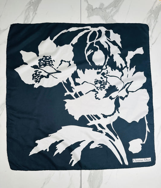 Authentic vintage Christian Dior black and white floral satin silk scarf