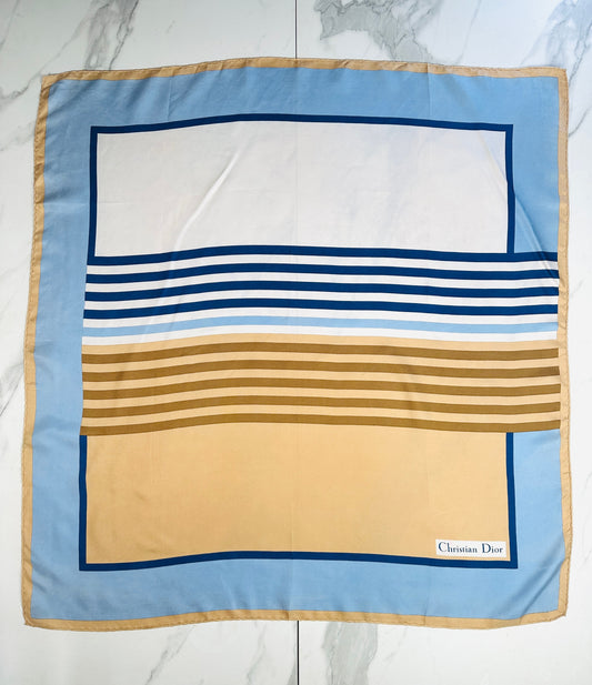Authentic vintage Christian Dior blue and bronze satin silk scarf with striped pattern