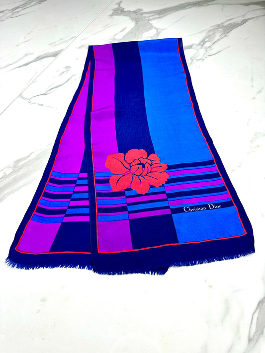 Authentic Vintage Silk Scarf Christian Dior in Blue and Purple Floral Pattern