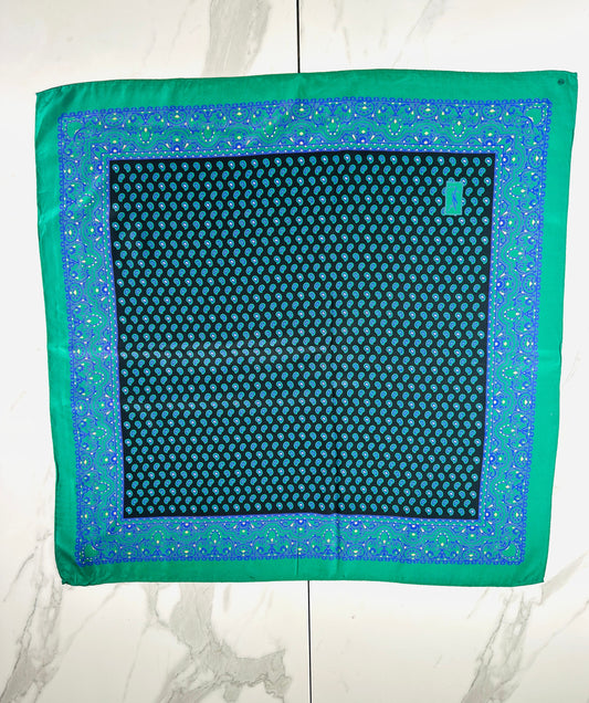 Authentic vintage silk scarf Yves Saint Laurent green and blue paisley pattern
