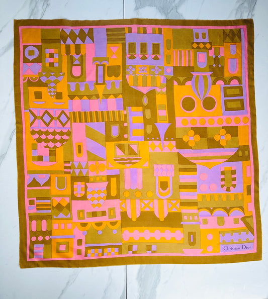 Christian Dior Silk Square in Bronze and Orange with Vintage Geometric Pattern