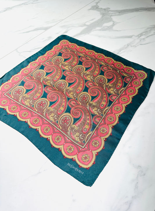 Small Silk Scarf Yves Saint Laurent in Green and Red Vintage Paisley Pattern