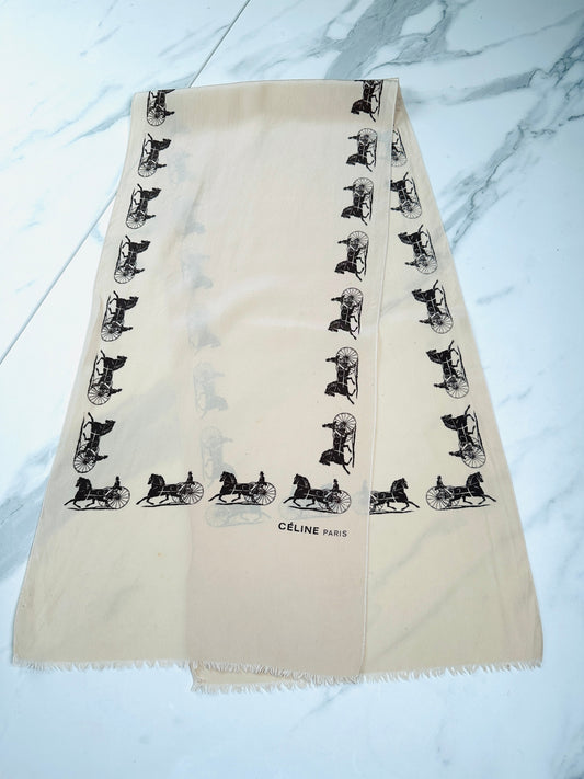 Silk scarf Céline in cream and black equestrian pattern vintage authentic