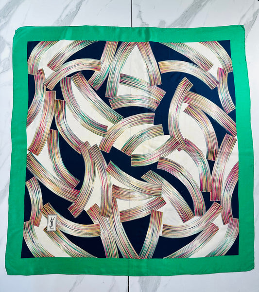 Grand foulard Yves Saint Laurent en soie verte et bleu marine avec motif abstrait vintage authentique