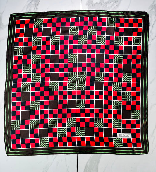 Authentic Vintage Givenchy Silk Scarf with Brown, Green and Red Geometric Pattern