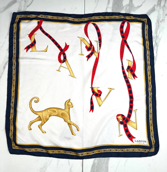 Ivory and navy animal print silk scarf Lanvin authentic vintage
