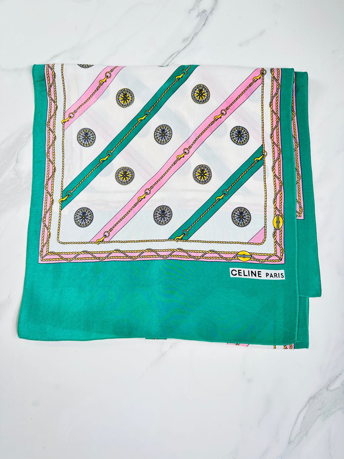 Authentic Céline Silk Scarf in Green and Cream Chain Print