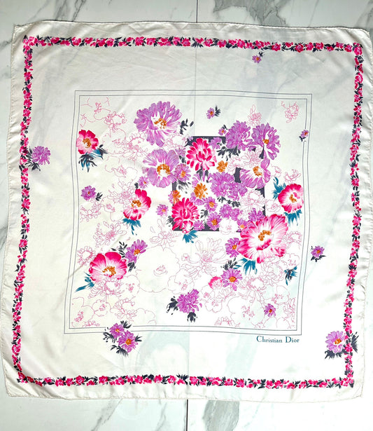 Carré Christian Dior en soie motif floral rose vintage authentique