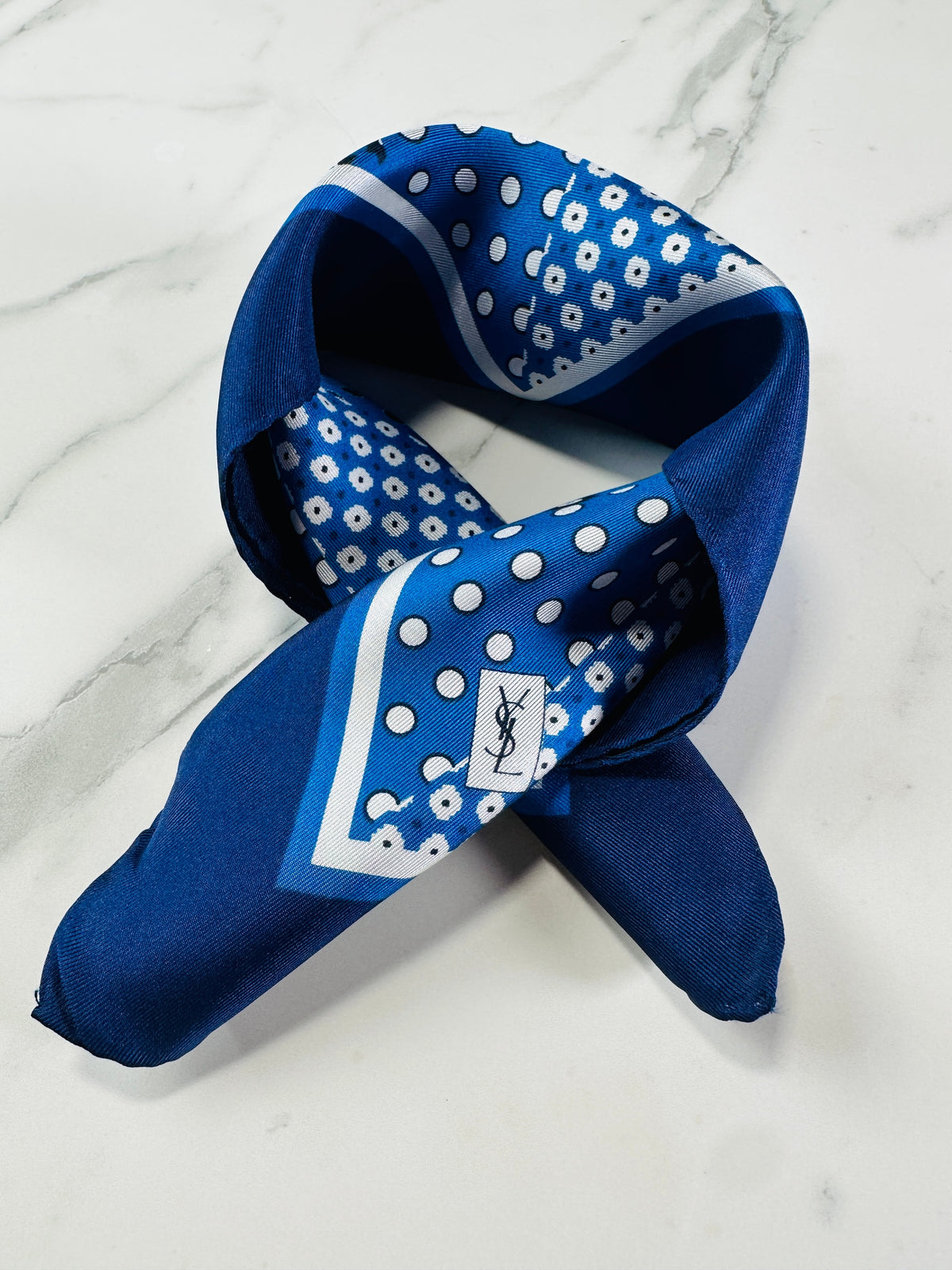 Authentic Vintage YSL Silk Scarf in Dark Blue and White Geometric Pattern