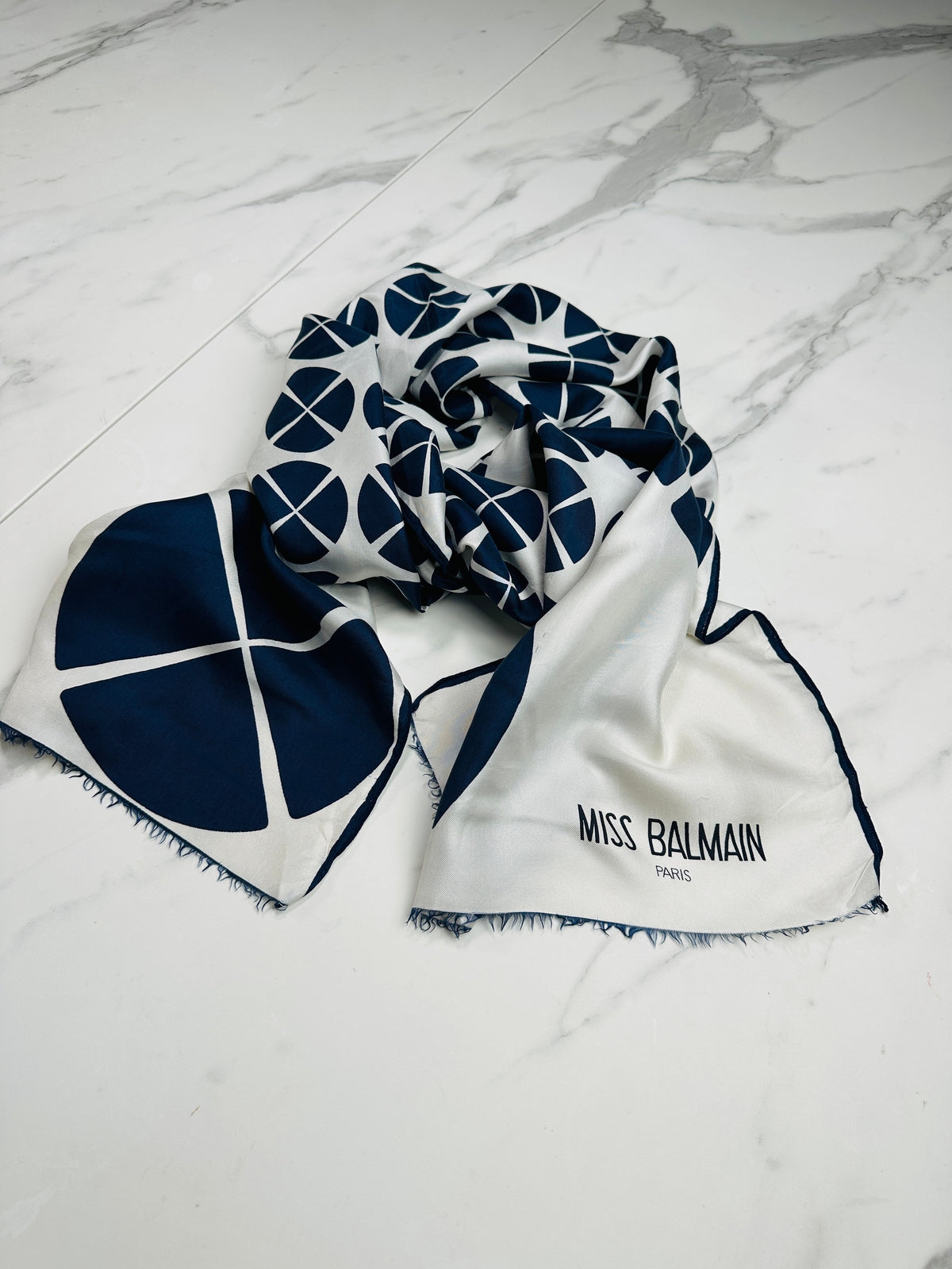 Miss Balmain Silk Scarf in Navy Blue and Cream with Authentic Vintage Geometric Pattern