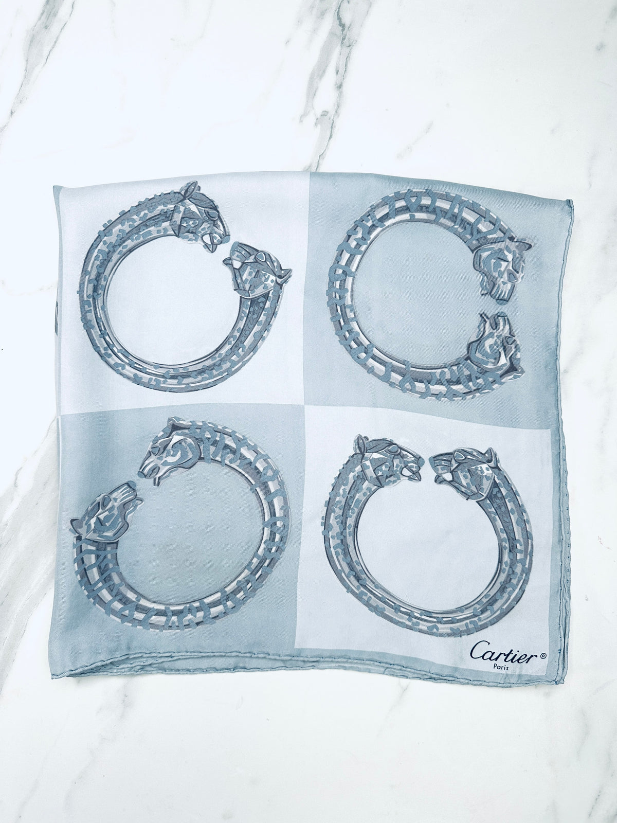 Authentic vintage silk scarf Cartier blue and grey panther motif