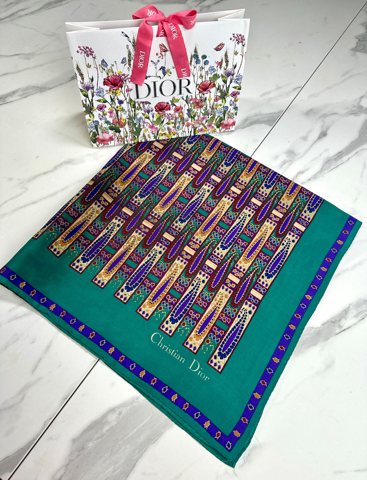 Christian Dior Silk Scarf in Emerald Green and Purple Vintage Geometric Pattern