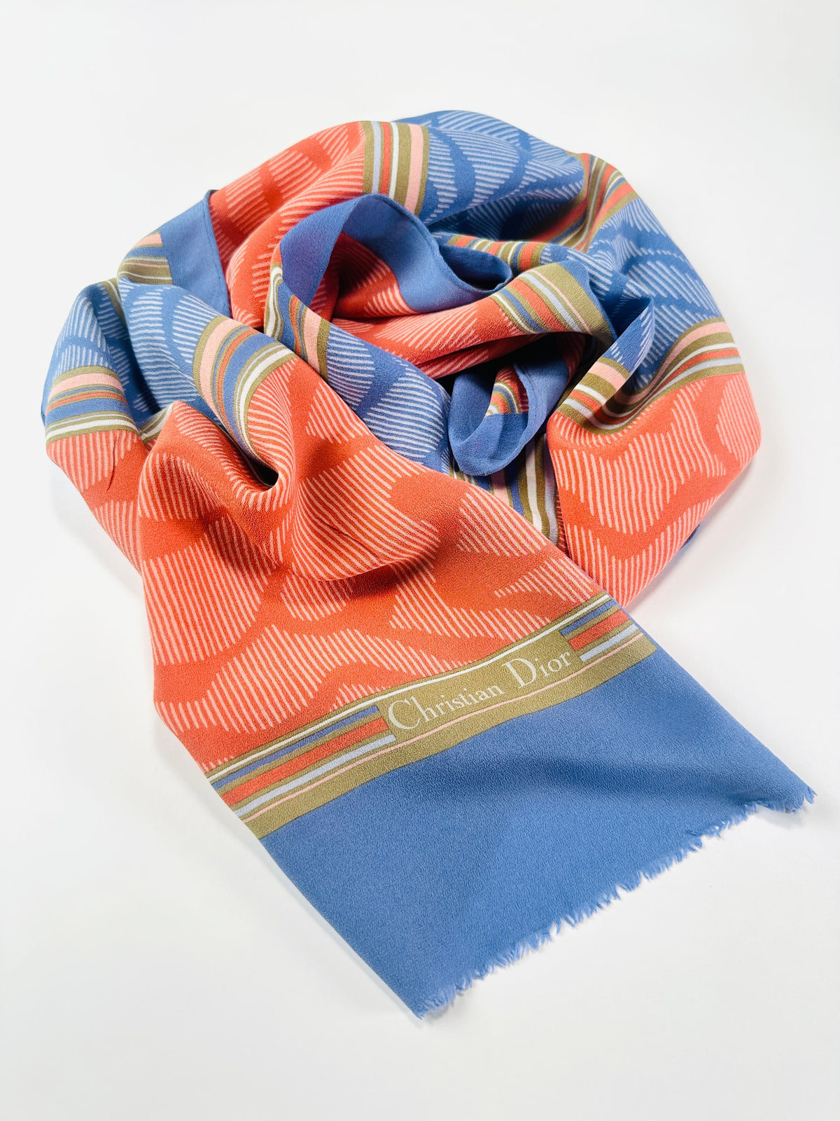 Foulard Christian Dior en soie bleu et orange motif abstrait japonais vintage authentique