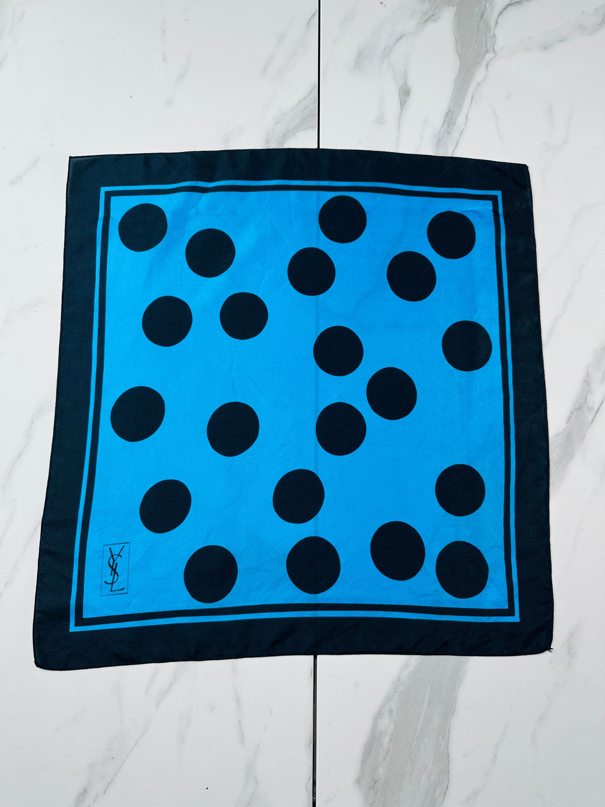 Small silk scarf Yves Saint Laurent blue and black with authentic vintage polka dot pattern