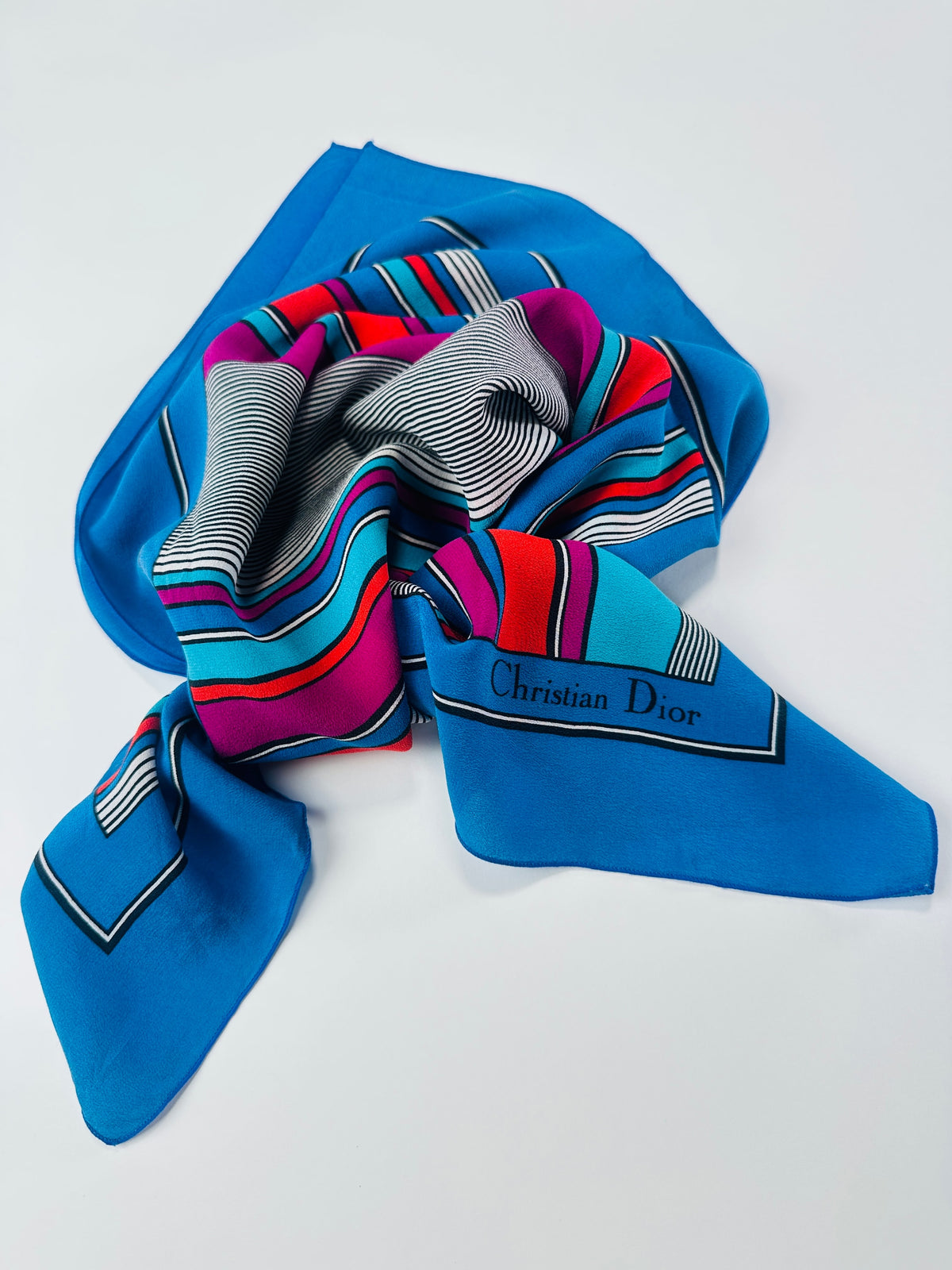 Silk scarf Christian Dior in blue and fuchsia vintage stripes authentic