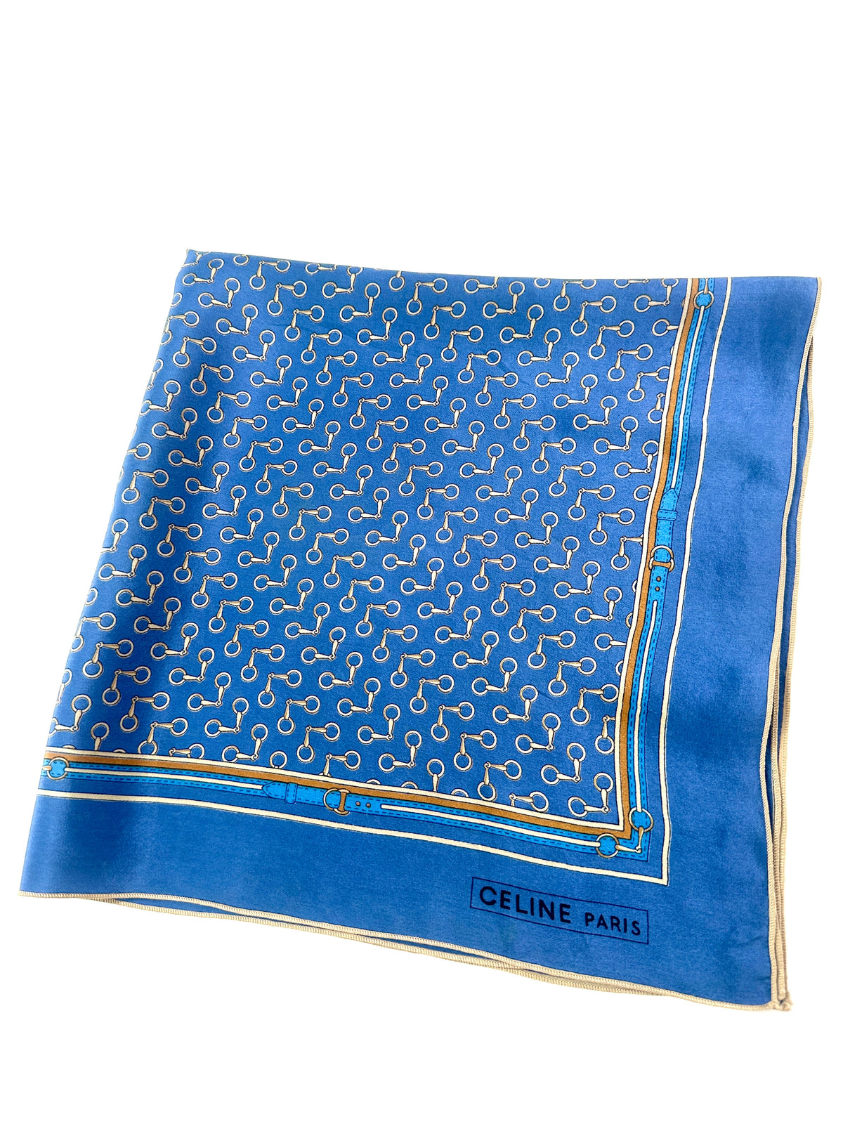 Silk Scarf Céline in Blue and Gold Vintage Equestrian Pattern