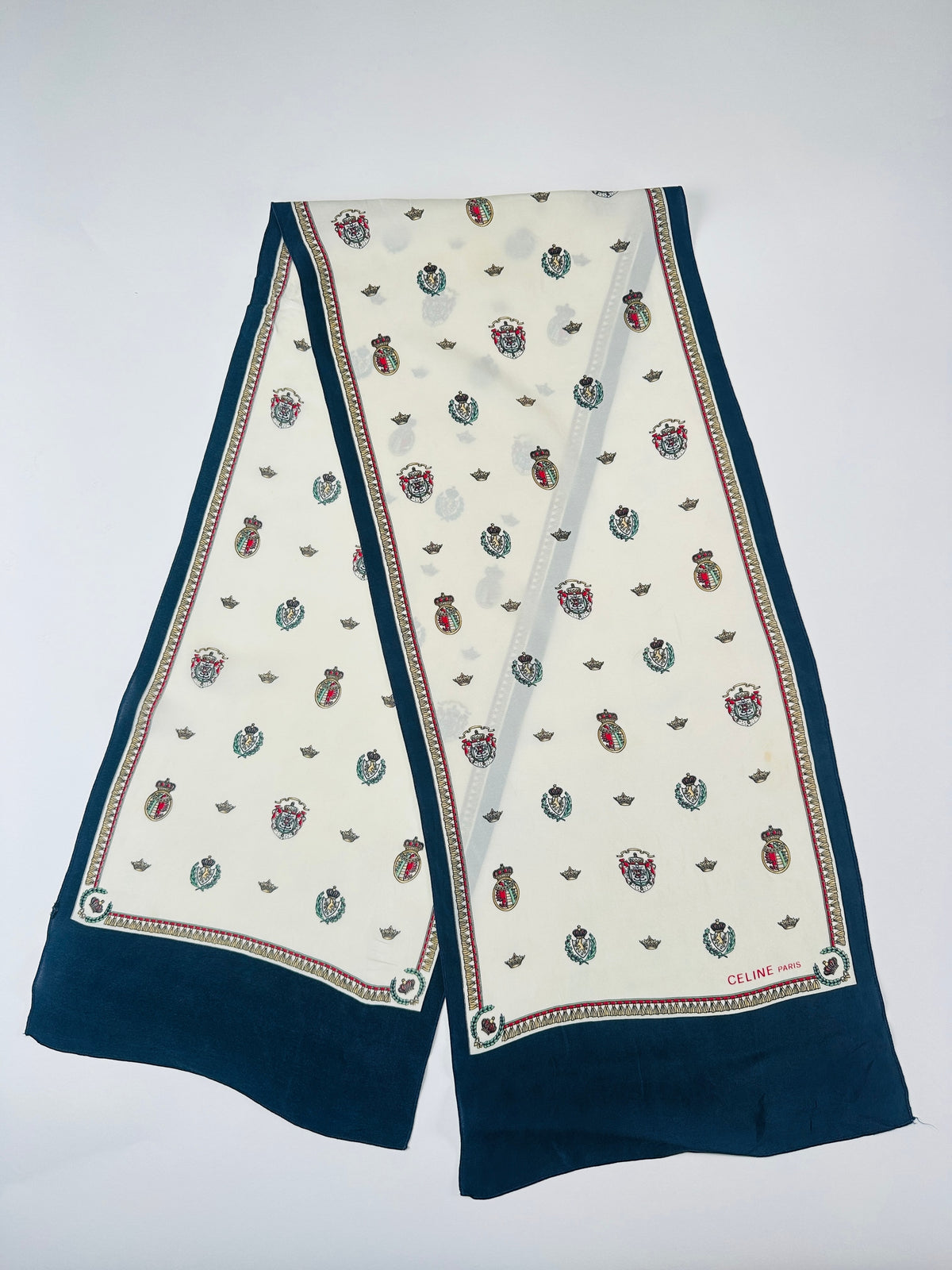 Silk scarf Céline in cream and navy with authentic vintage coat of arms pattern