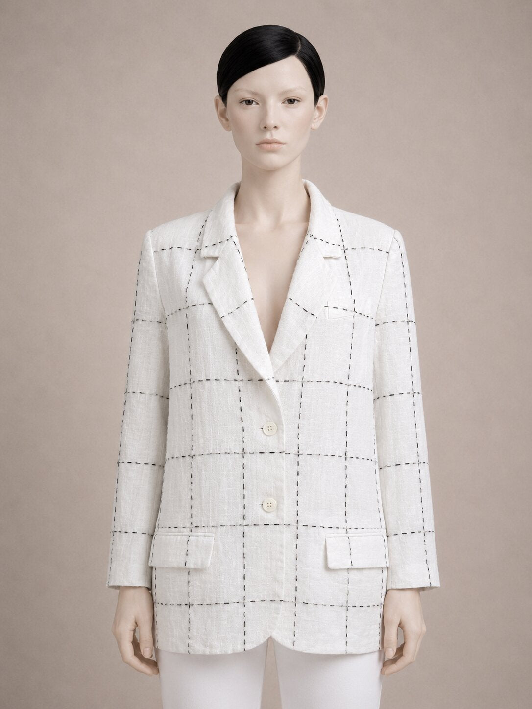Authentic Inscription Rykiel vintage blazer in natural white linen with embroidered black check pattern