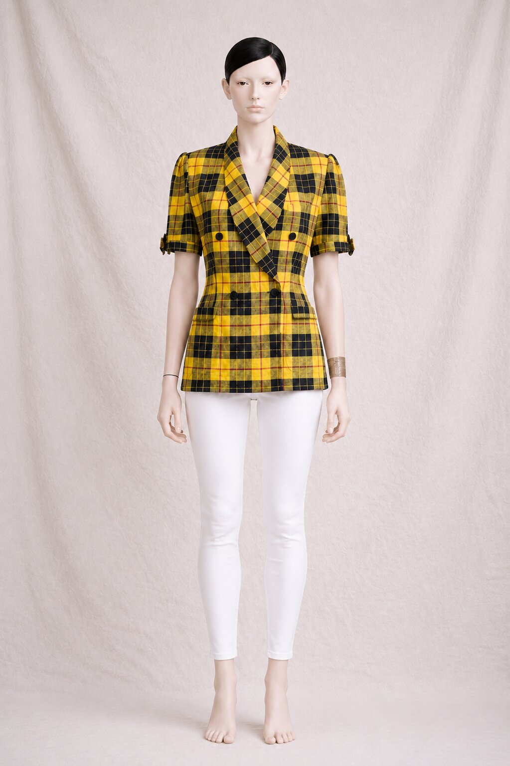 Blazer veste en lin Cacharel vintage à carreaux tartan jaune et noir