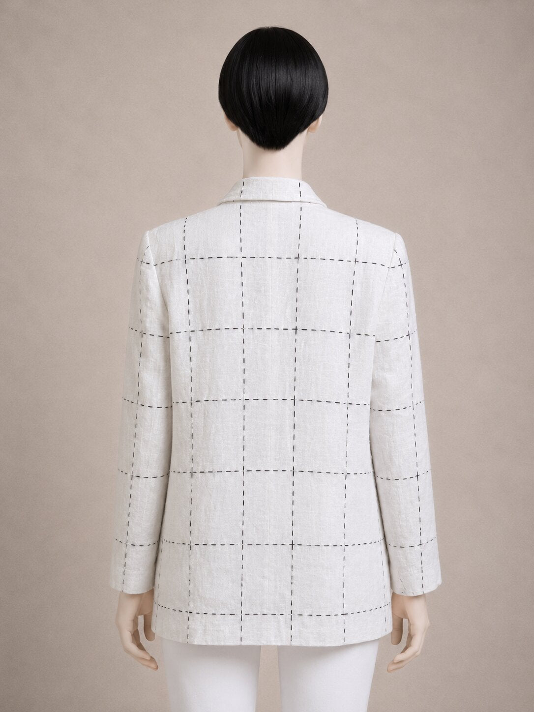 Authentic Inscription Rykiel vintage blazer in natural white linen with embroidered black check pattern