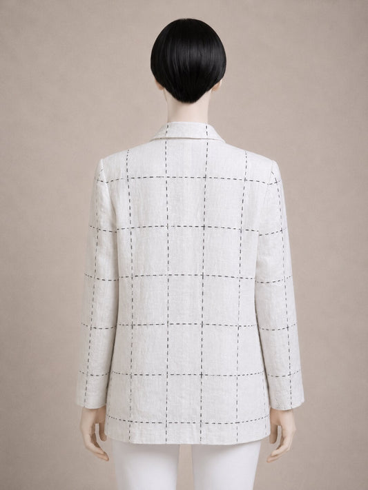 Authentique blazer Inscription Rykiel vintage en lin blanc naturel à motif quadrillé noir brodé