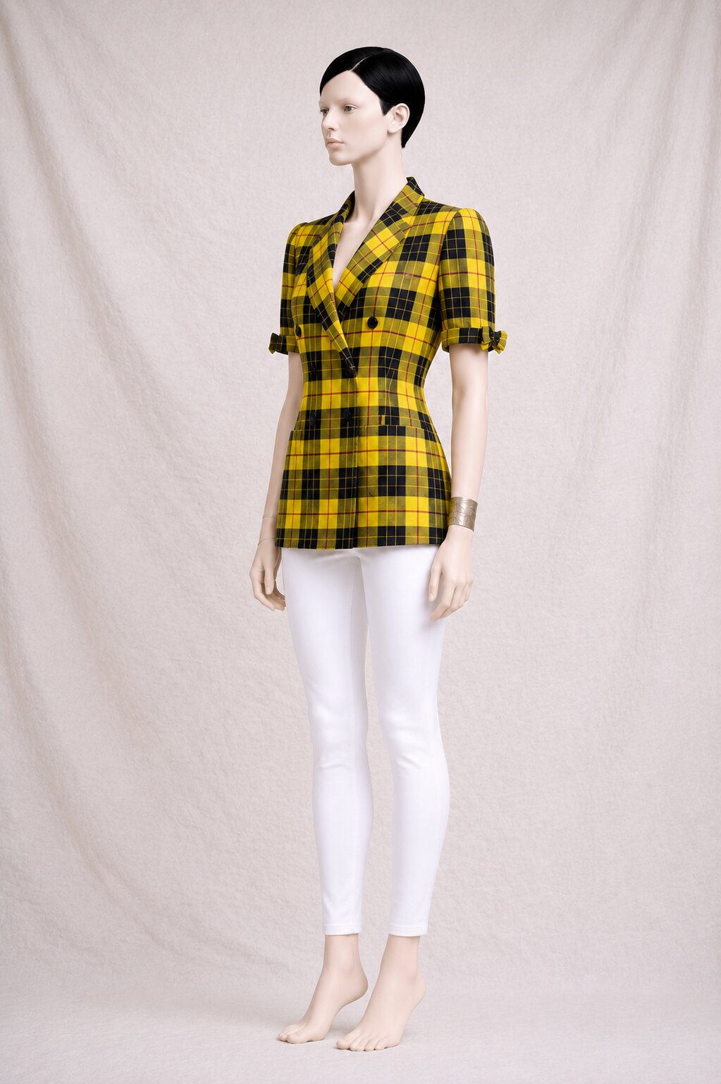 Blazer veste en lin Cacharel vintage à carreaux tartan jaune et noir