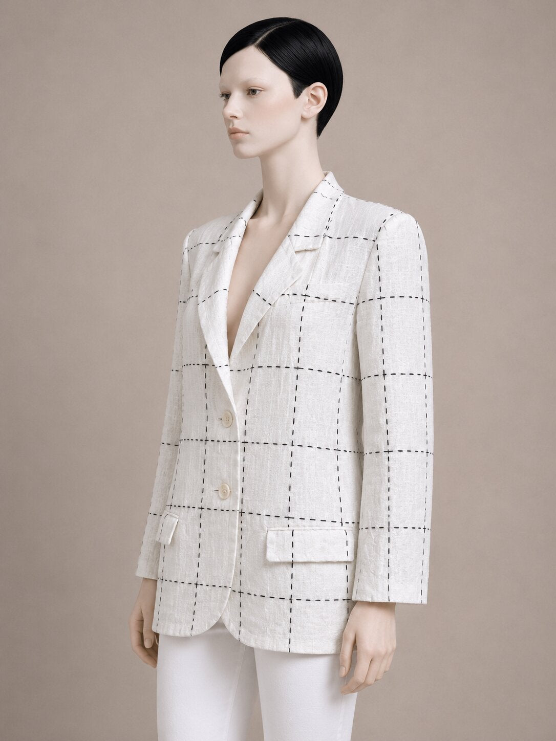 Authentic Inscription Rykiel vintage blazer in natural white linen with embroidered black check pattern