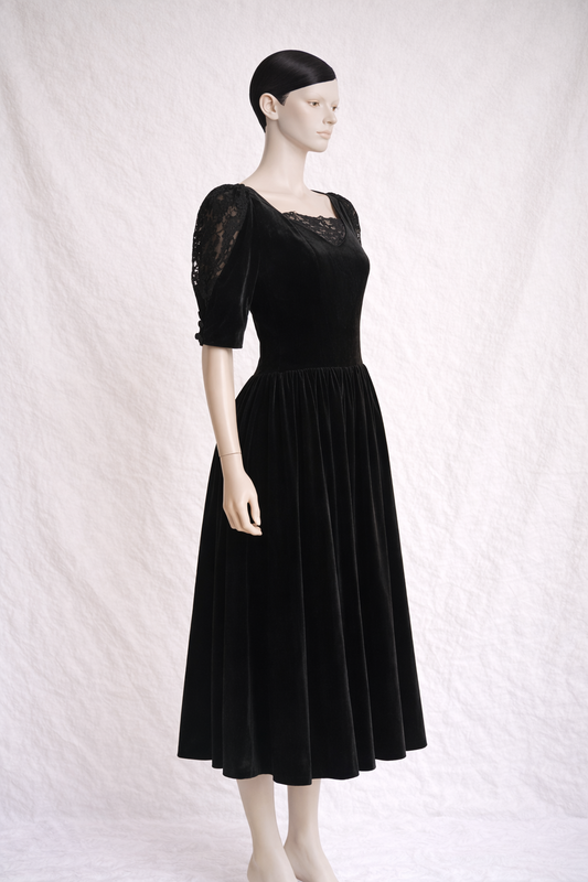 Laura Ashley black velvet and lace evening dress vintage
