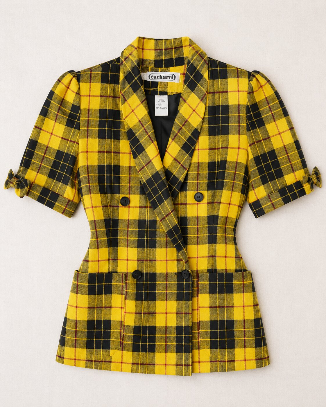 Blazer veste en lin Cacharel vintage à carreaux tartan jaune et noir