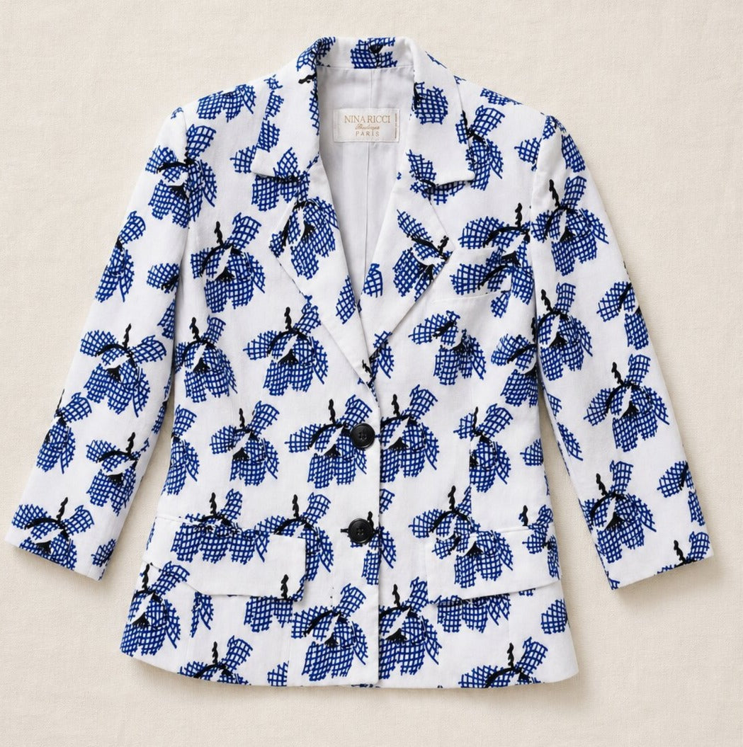 Authentique blazer Nina Ricci Boutique Paris vintage imprimé bleu cobalt