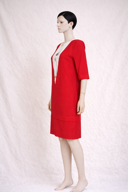 Authentic Nina Ricci Paris red and ecru vintage wool midi dress