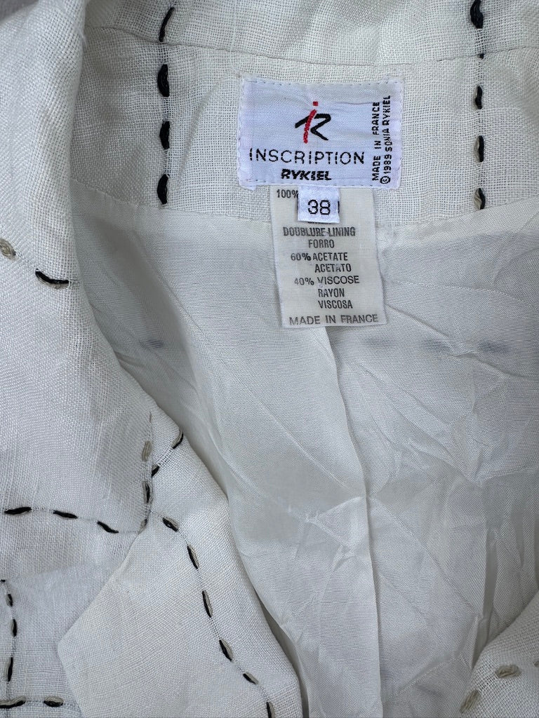 Authentic Inscription Rykiel vintage blazer in natural white linen with embroidered black check pattern