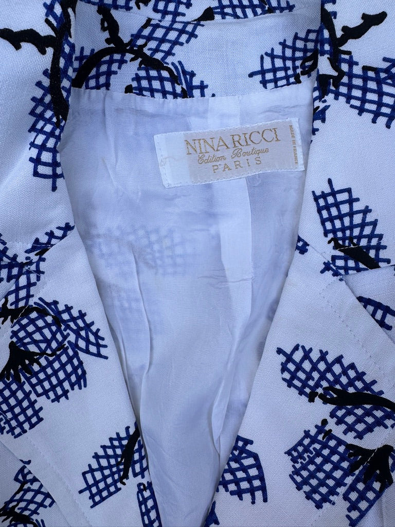 Authentique blazer Nina Ricci Boutique Paris vintage imprimé bleu cobalt