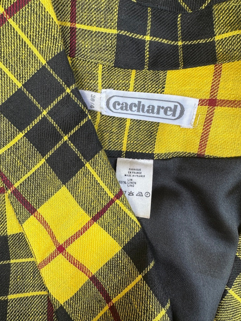 Blazer veste en lin Cacharel vintage à carreaux tartan jaune et noir