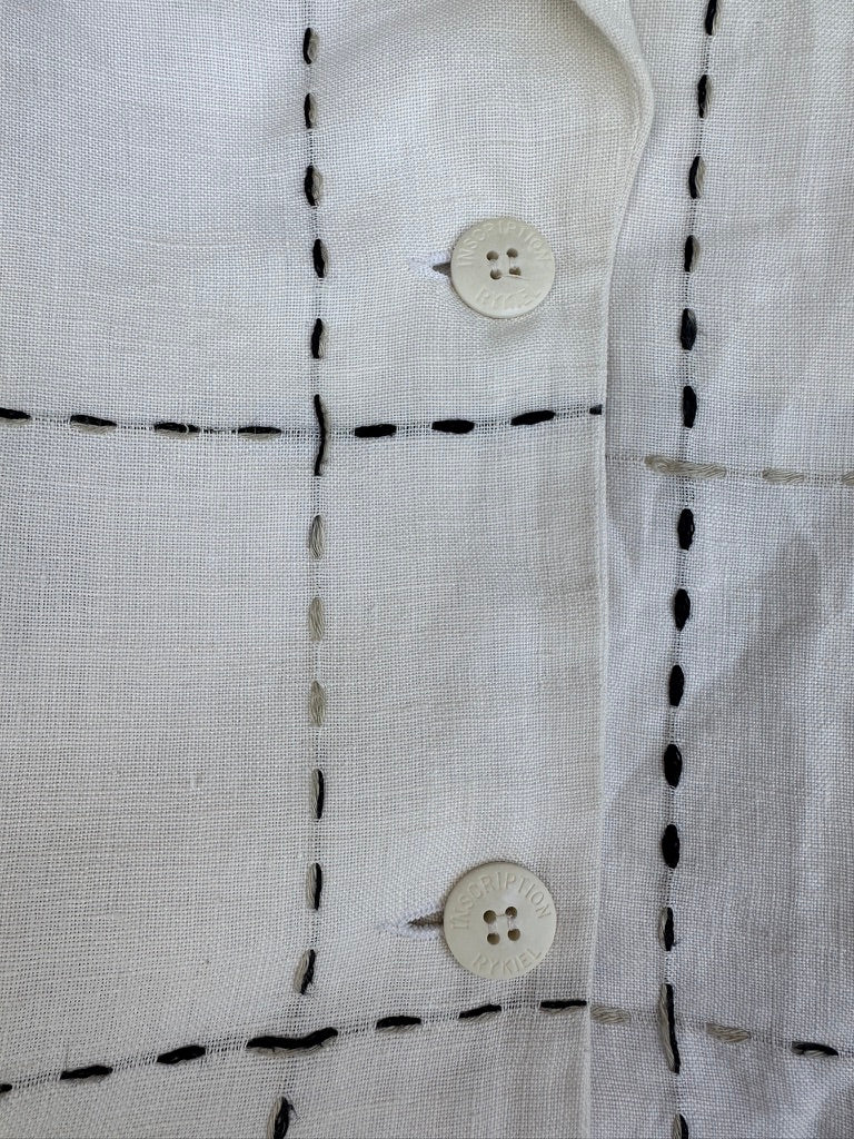 Authentic Inscription Rykiel vintage blazer in natural white linen with embroidered black check pattern