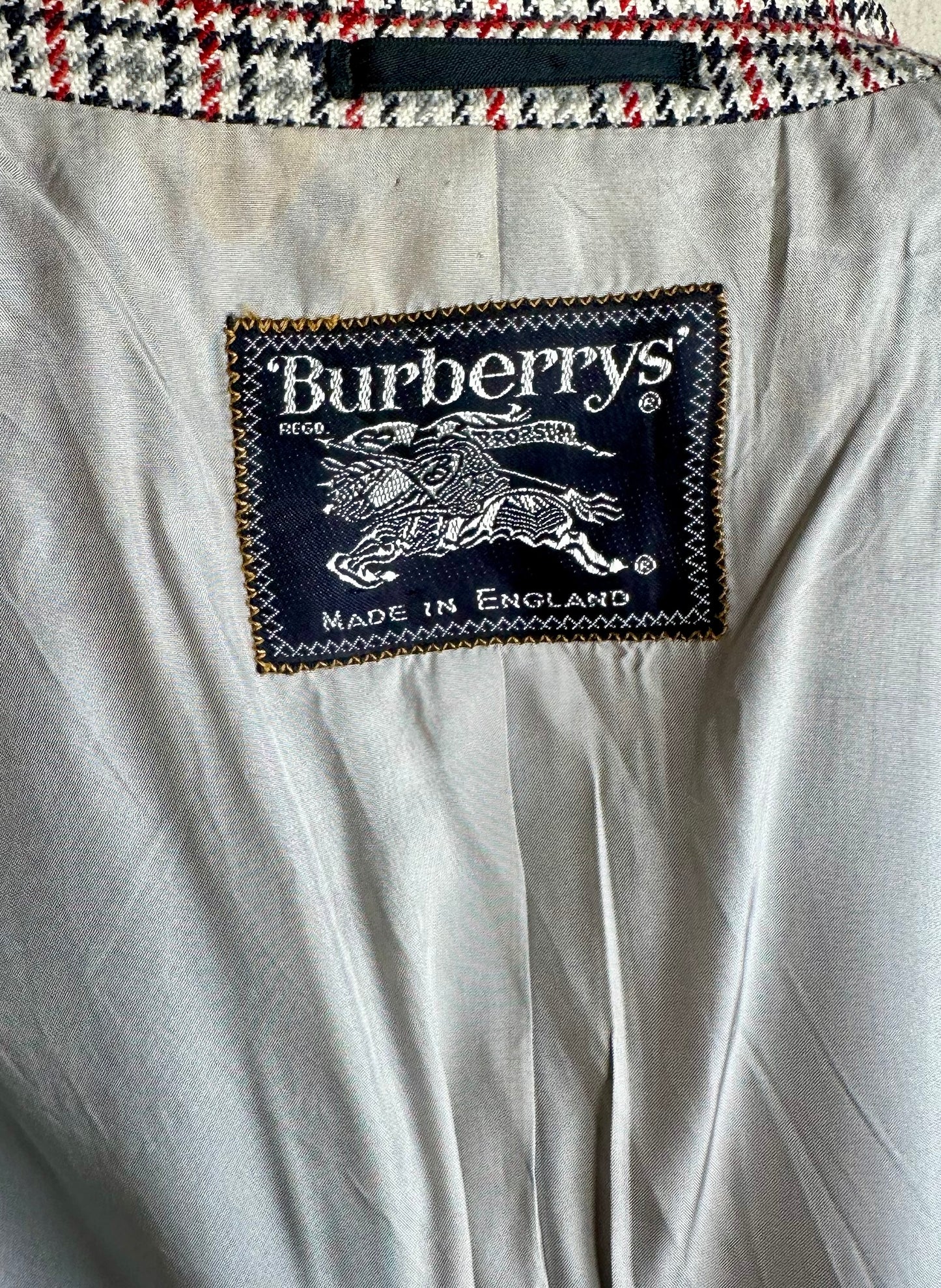 Blazer Burberrys authentique en laine vierge, motif tartan gris et rouge