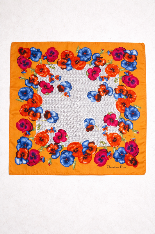 Carré en soie Christian Dior orange motif floral coquelicots vintage authentique
