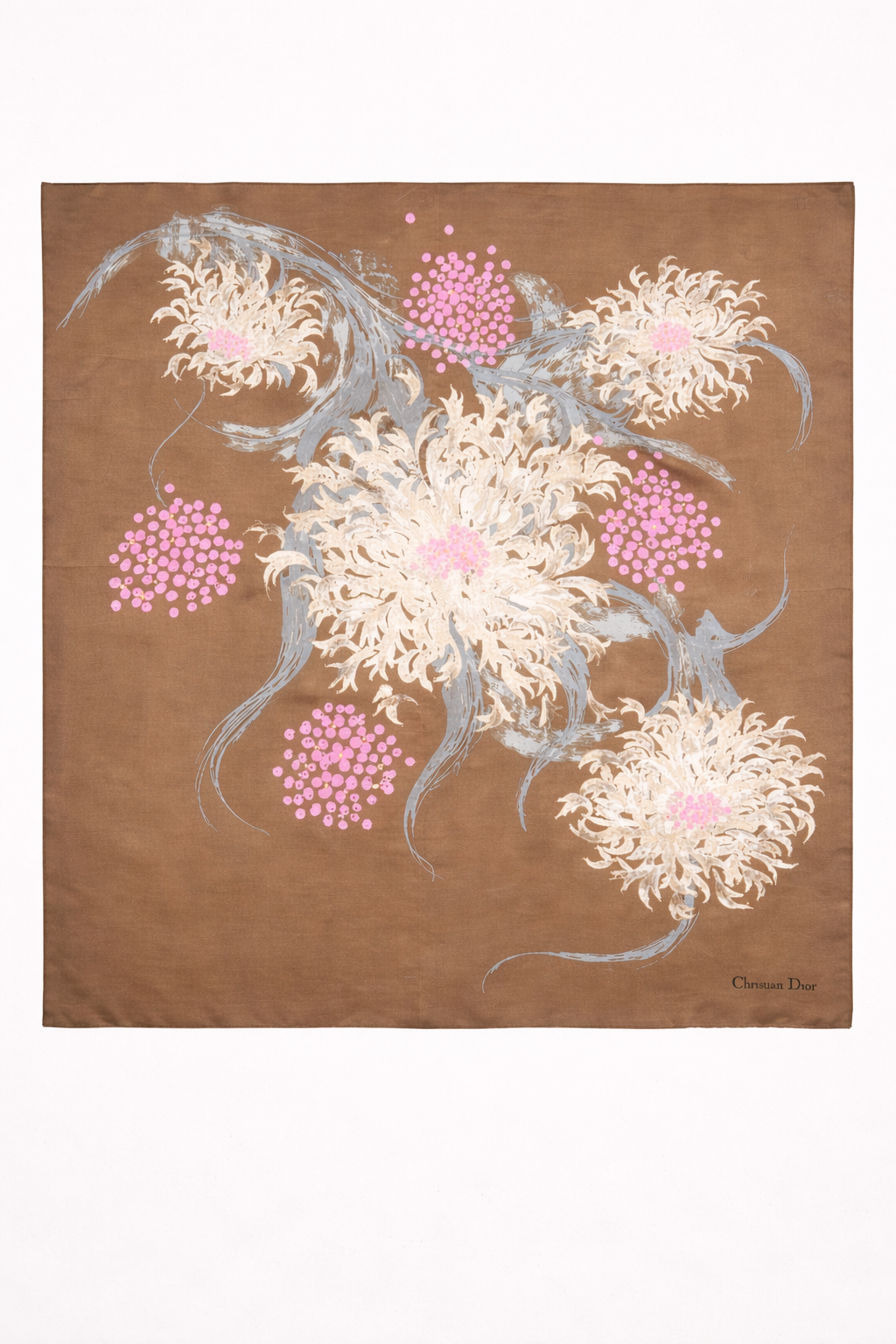Carré en soie Christian Dior moka bronze motif floral stylisé vintage authentique