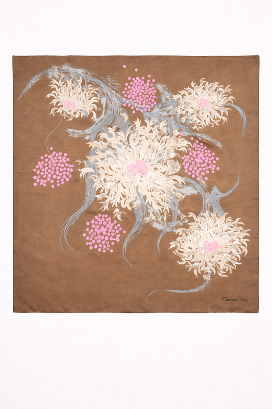 Carré en soie Christian Dior moka bronze motif floral stylisé vintage authentique