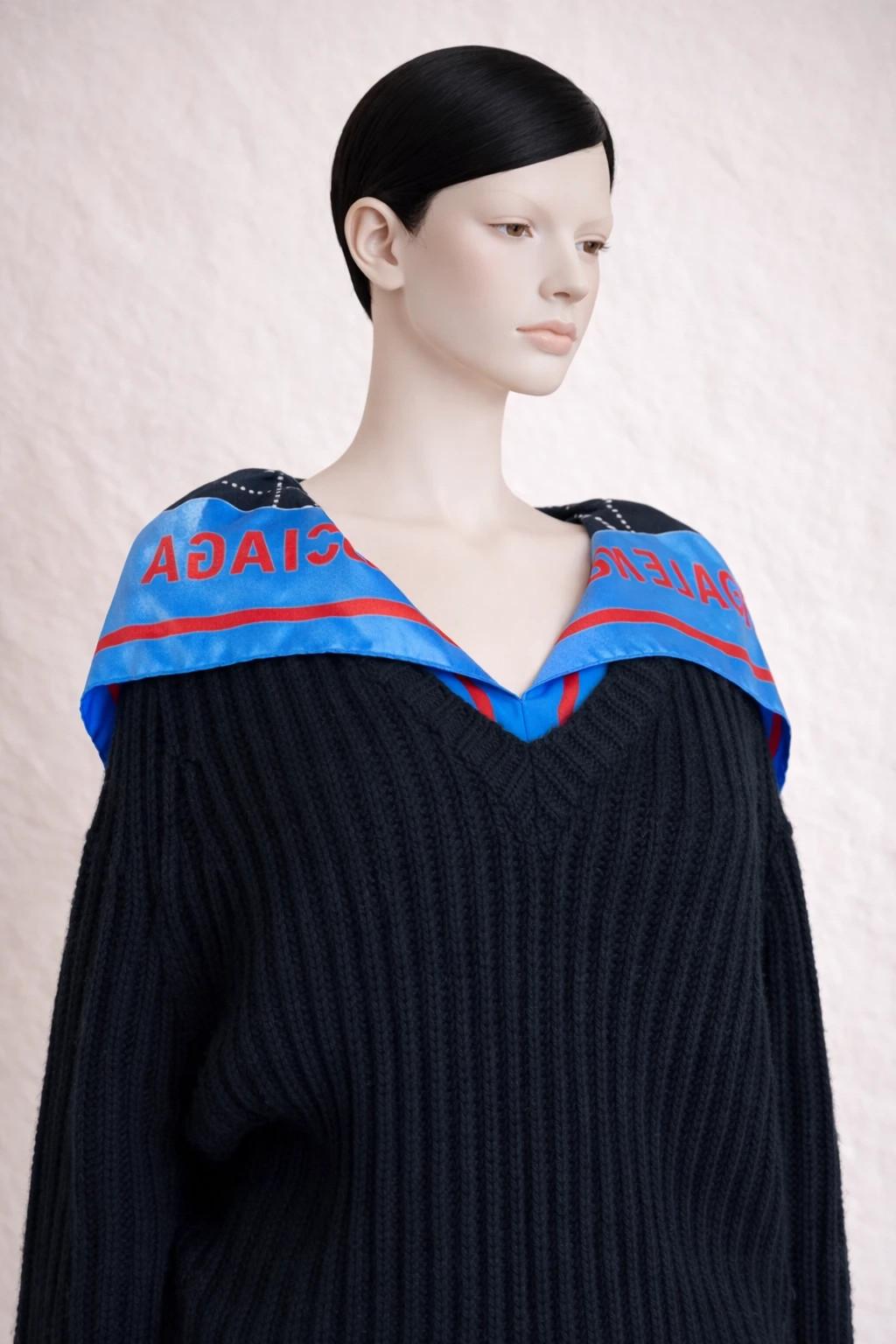 Balenciaga oversized black virgin wool sweater with integrated silk scarf