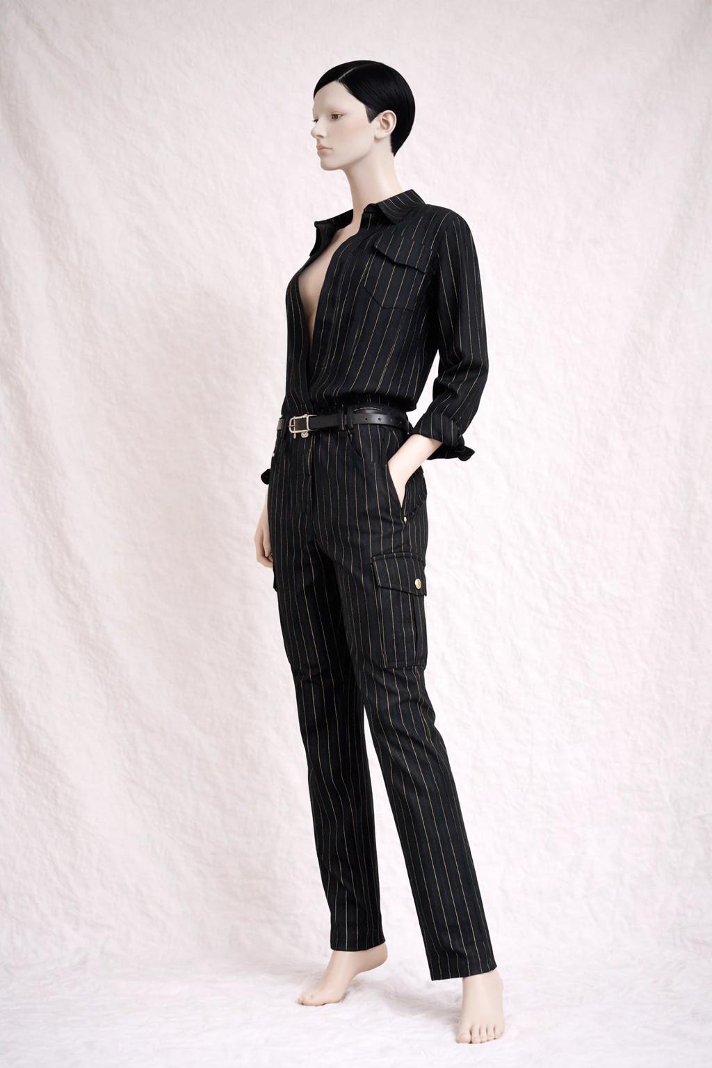 Combinaison de défilé authentique Balmain en denim noir à rayures dorées