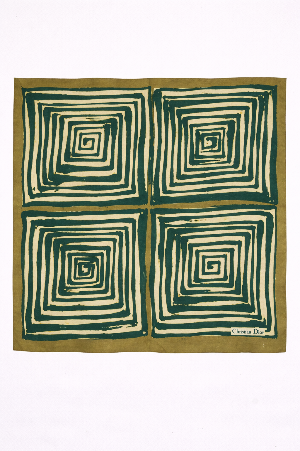 Carré en soie Christian Dior vert motif graphique spirale géométrique vintage authentique