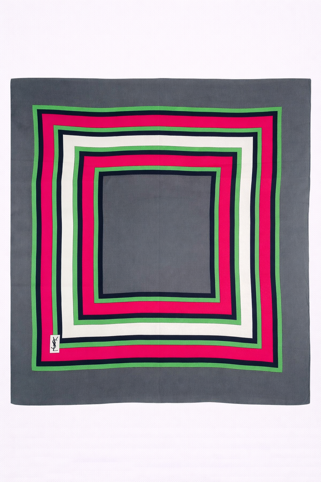 Carré soie Yves Saint Laurent gris motif graphique néon encadré vintage authentique
