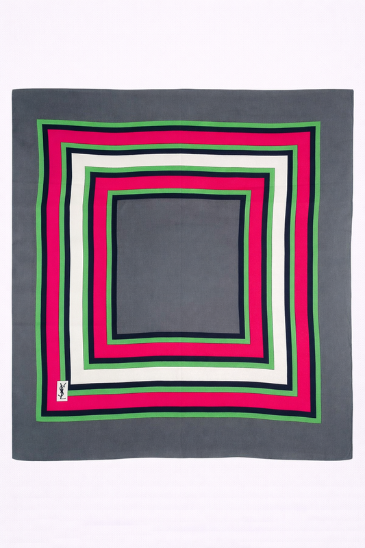 Carré soie Yves Saint Laurent gris motif graphique néon encadré vintage authentique