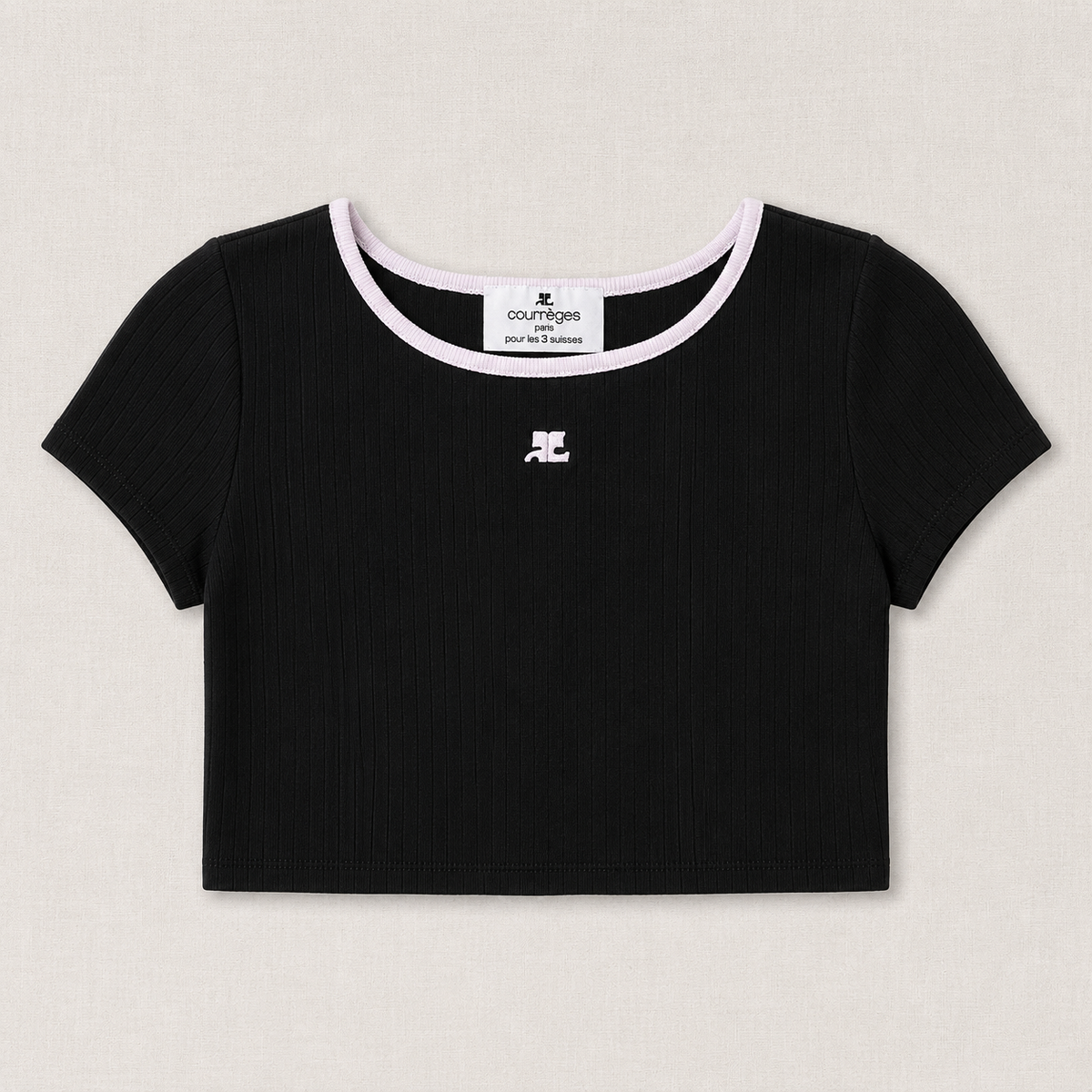 Authentique crop top Courrèges Paris en coton noir côtelé vintage