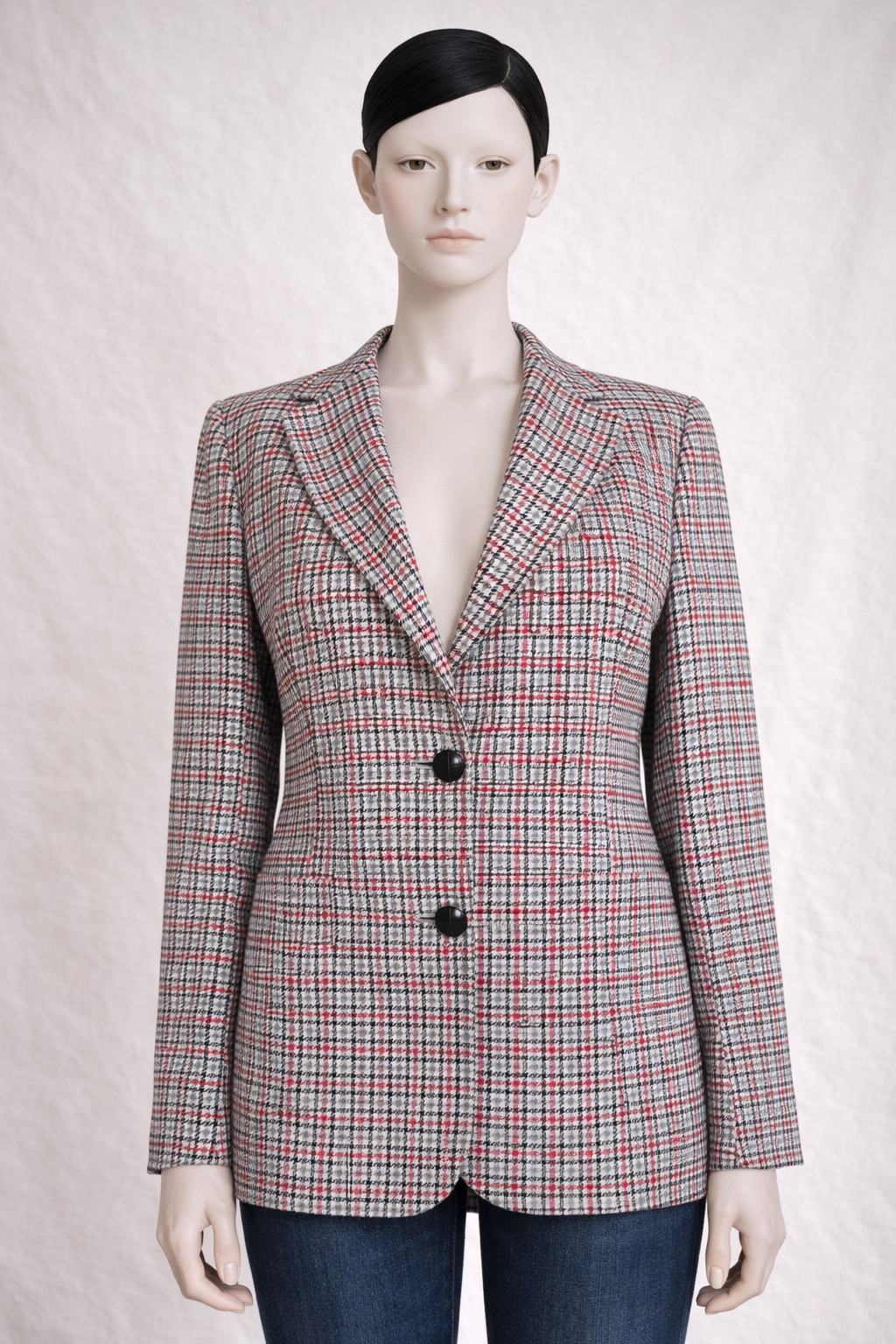 Blazer Burberrys authentique en laine vierge, motif tartan gris et rouge