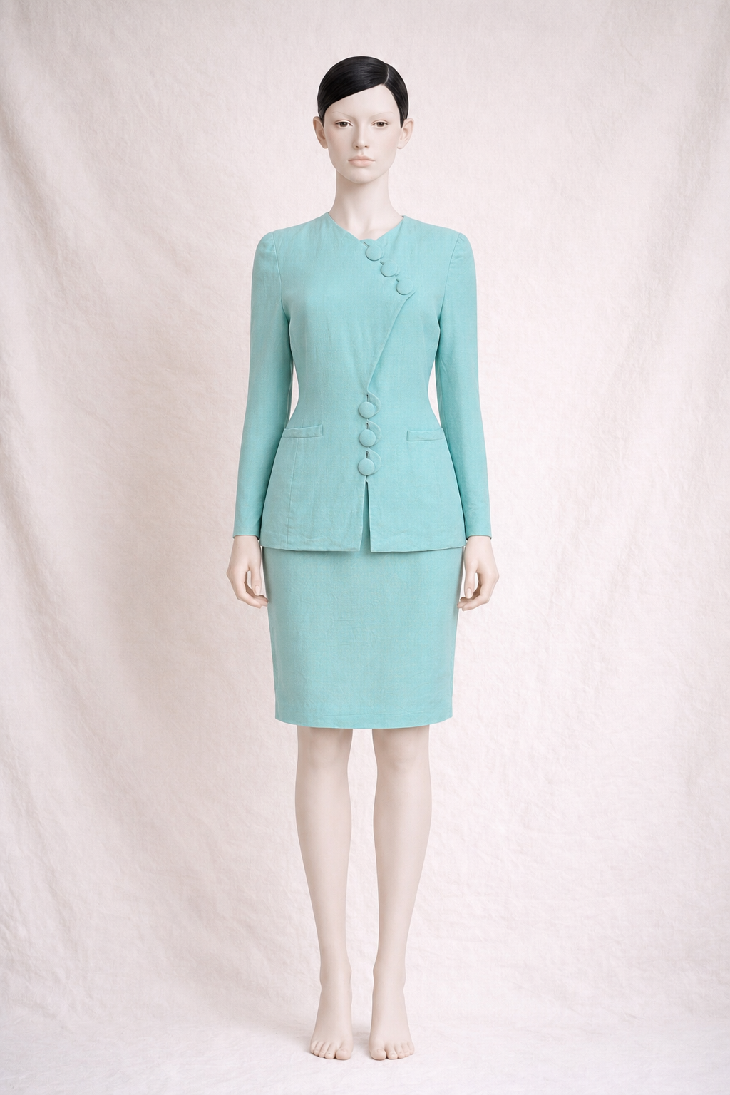 Tailleur jupe en lin turquoise Emmanuelle Khanh Paris vintage